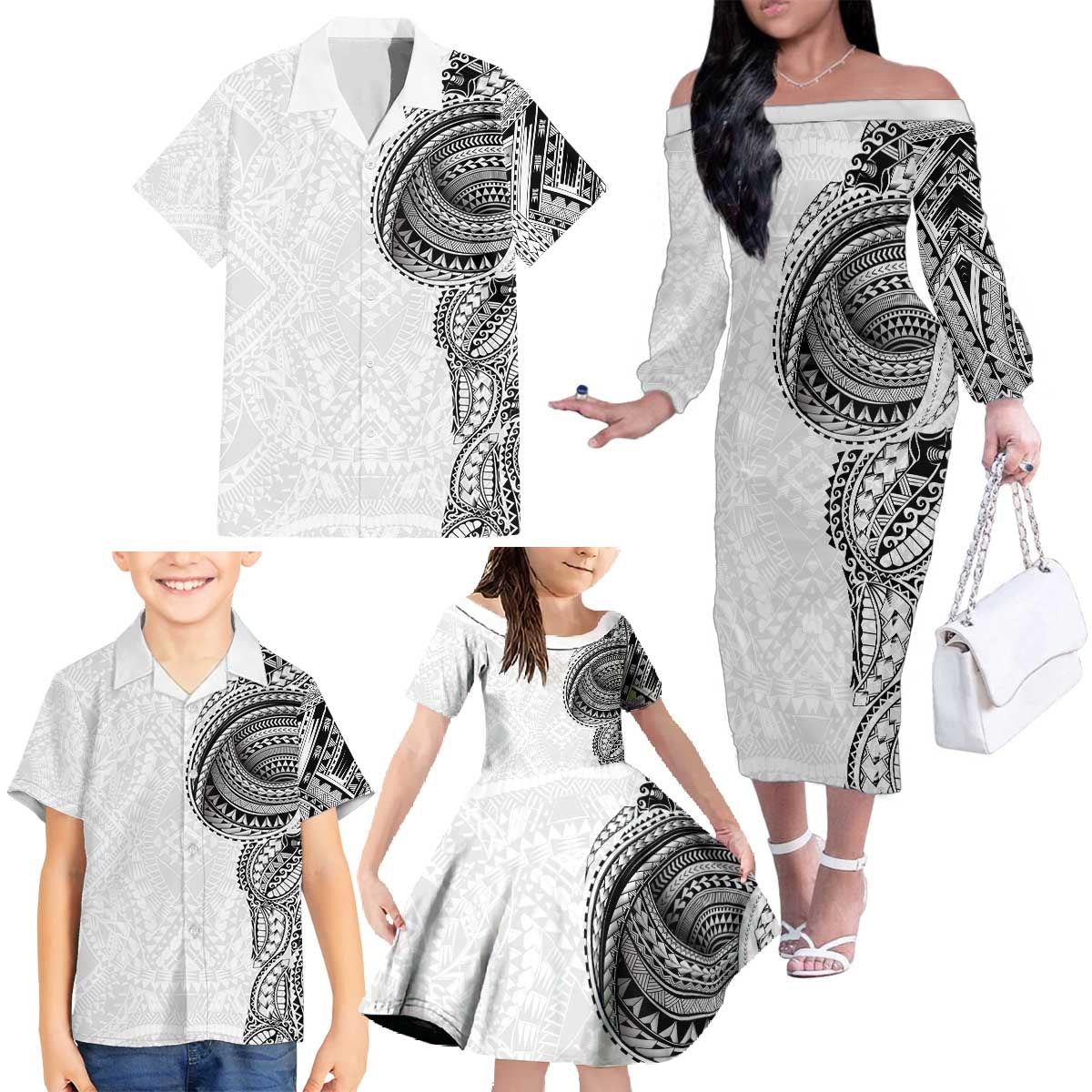 Traditional Polynesian Art Tattoos Family Matching Off The Shoulder Long Sleeve Dress and Hawaiian Shirt White Color LT03 - Polynesian Pride