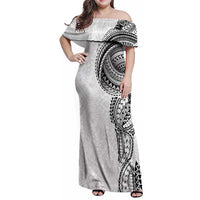 Traditional Polynesian Art Tattoos Family Matching Off Shoulder Maxi Dress and Hawaiian Shirt White Color LT03 Mom's Dress White - Polynesian Pride