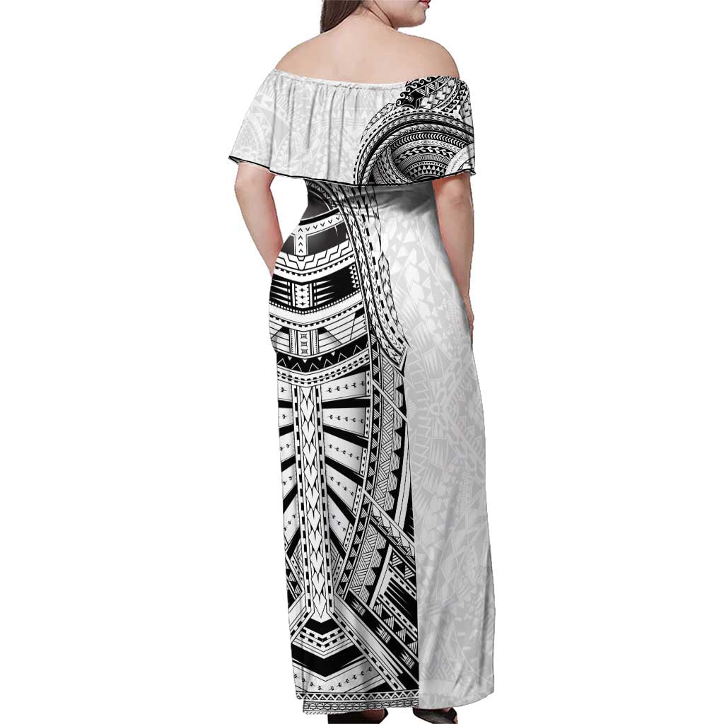 Traditional Polynesian Art Tattoos Family Matching Off Shoulder Maxi Dress and Hawaiian Shirt White Color LT03 - Polynesian Pride