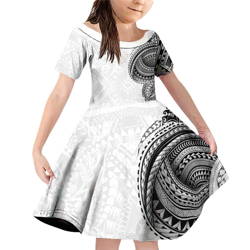 Traditional Polynesian Art Tattoos Family Matching Off Shoulder Short Dress and Hawaiian Shirt White Color LT03 Daughter's Dress White - Polynesian Pride