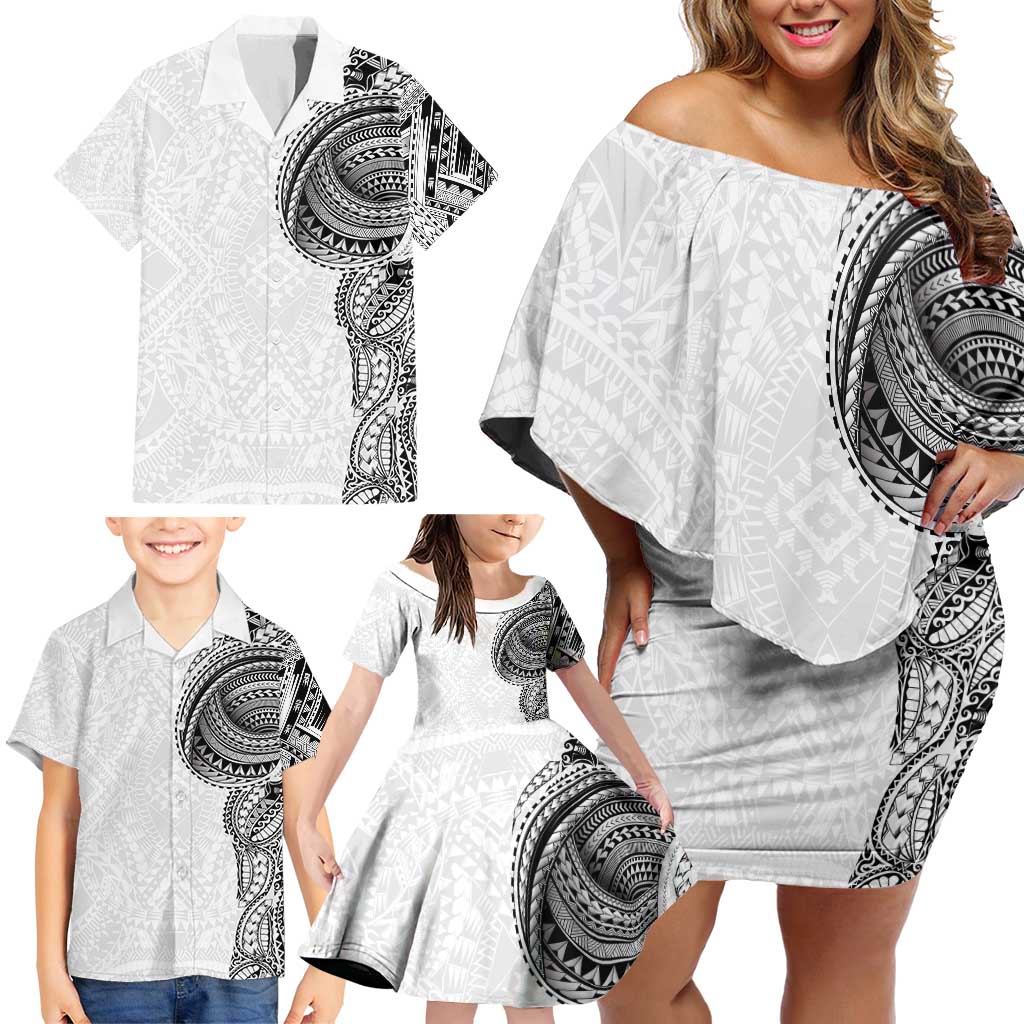 Traditional Polynesian Art Tattoos Family Matching Off Shoulder Short Dress and Hawaiian Shirt White Color LT03 - Polynesian Pride