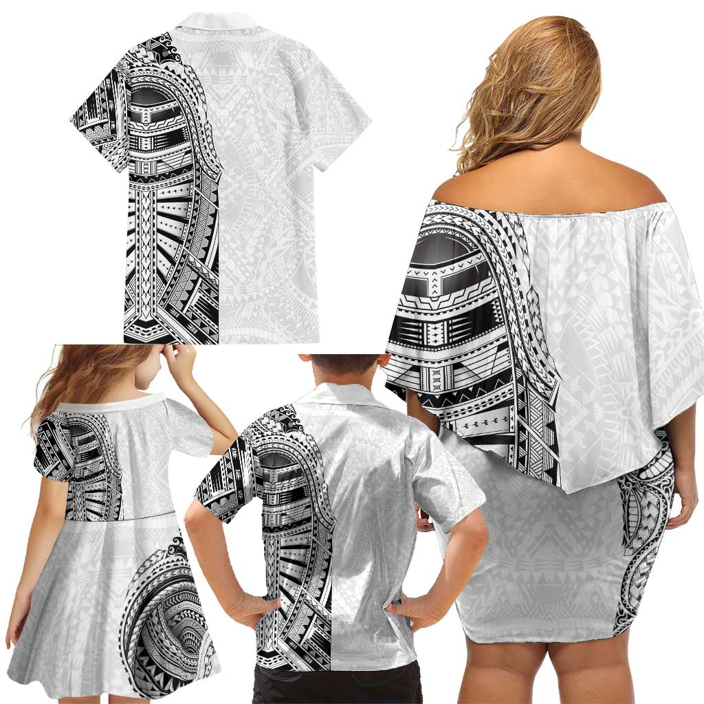 Traditional Polynesian Art Tattoos Family Matching Off Shoulder Short Dress and Hawaiian Shirt White Color LT03 - Polynesian Pride