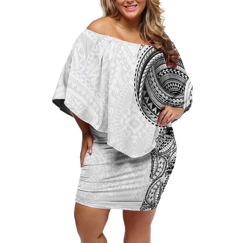 Traditional Polynesian Art Tattoos Family Matching Off Shoulder Short Dress and Hawaiian Shirt White Color LT03 Mom's Dress White - Polynesian Pride