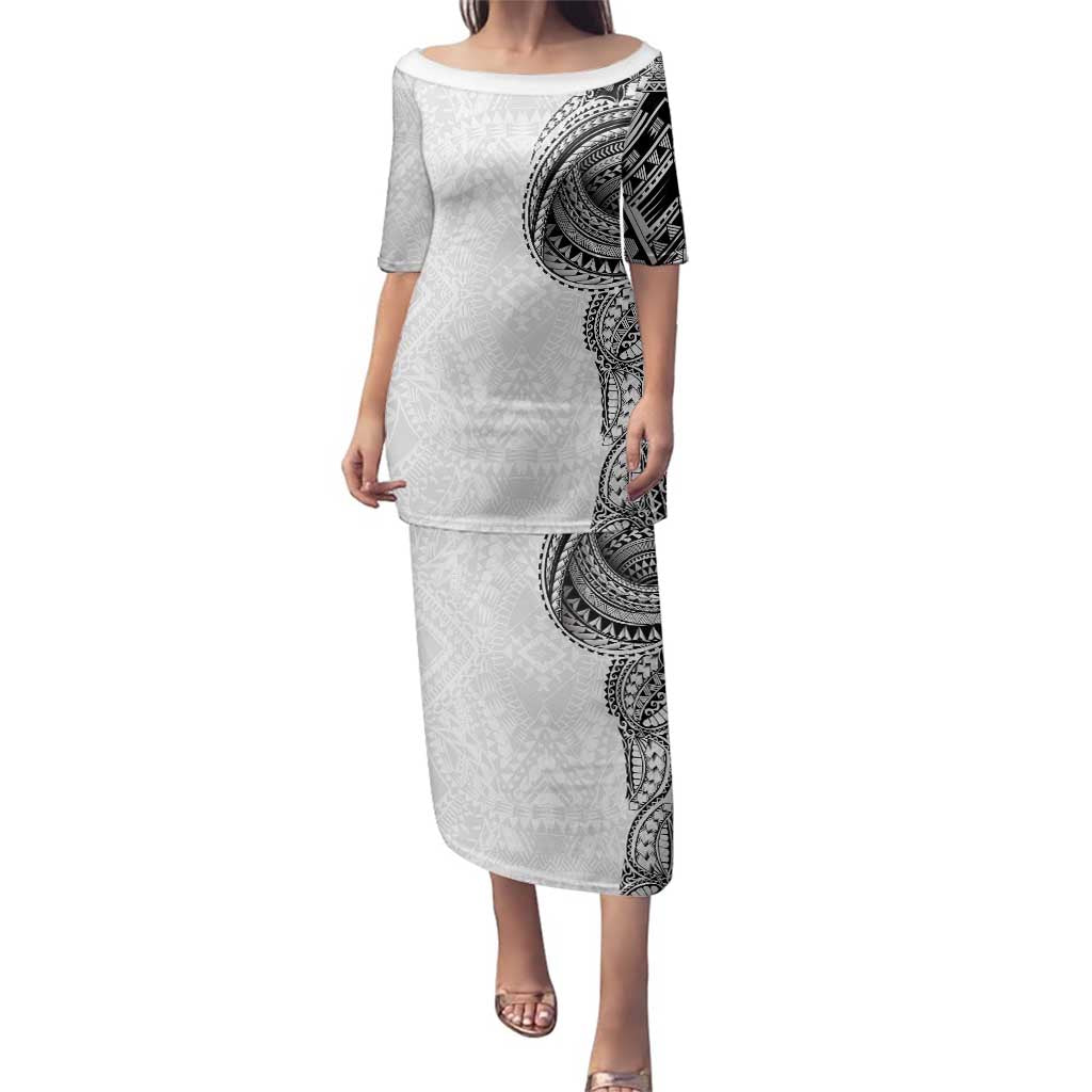 Traditional Polynesian Art Tattoos Family Matching Puletasi and Hawaiian Shirt White Color LT03 Mom's Dress White - Polynesian Pride