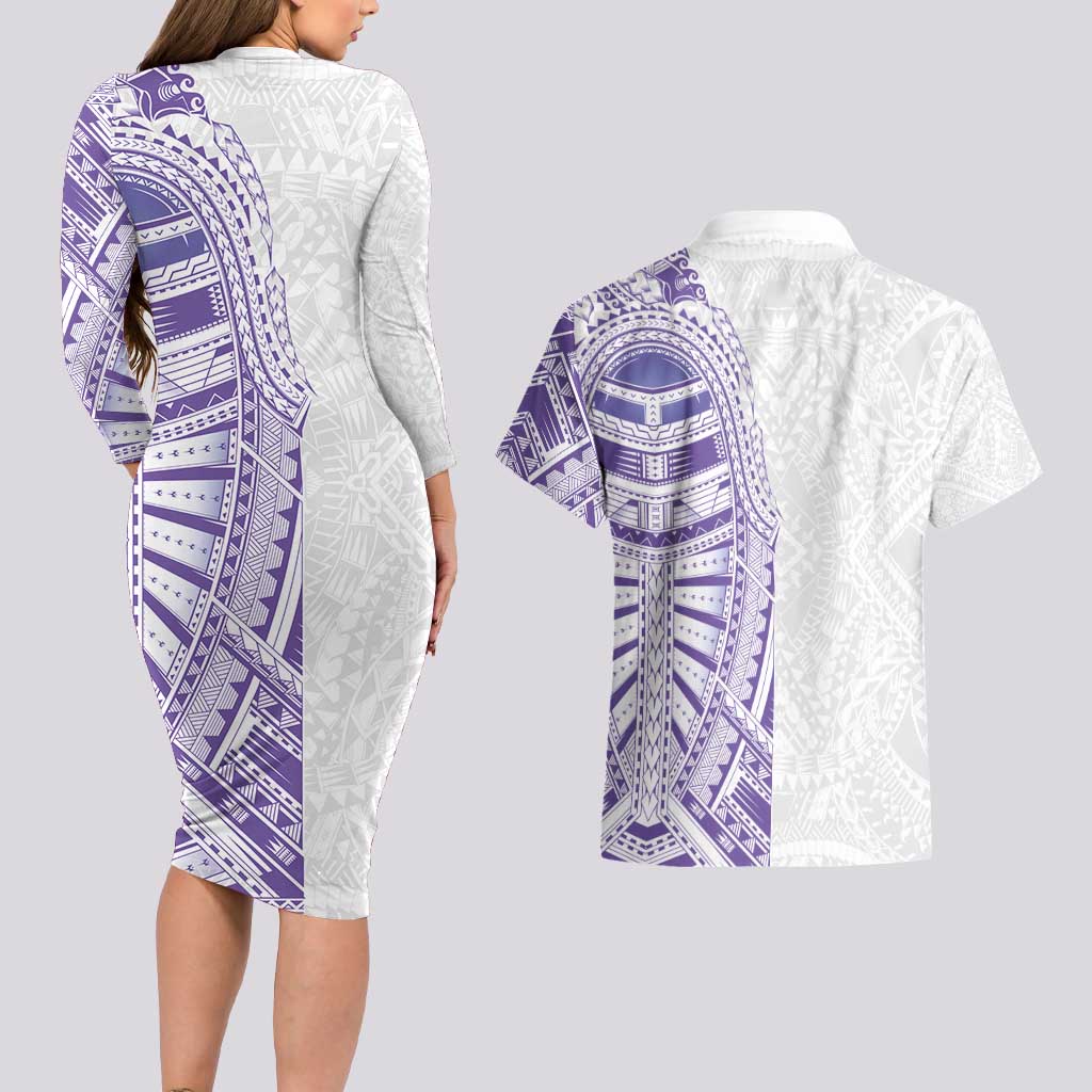Traditional Polynesian Art Tattoos Couples Matching Long Sleeve Bodycon Dress and Hawaiian Shirt Purple Color LT03 - Polynesian Pride