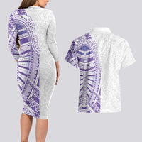 Traditional Polynesian Art Tattoos Couples Matching Long Sleeve Bodycon Dress and Hawaiian Shirt Purple Color LT03 - Polynesian Pride