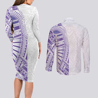 Traditional Polynesian Art Tattoos Couples Matching Long Sleeve Bodycon Dress and Long Sleeve Button Shirt Purple Color LT03 - Polynesian Pride