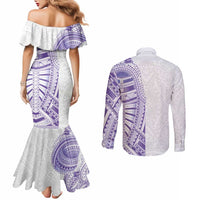 Traditional Polynesian Art Tattoos Couples Matching Mermaid Dress and Long Sleeve Button Shirt Purple Color LT03 - Polynesian Pride