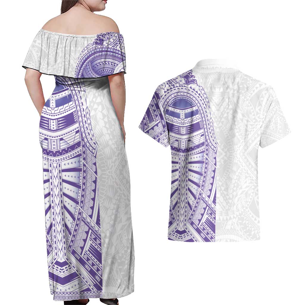 Traditional Polynesian Art Tattoos Couples Matching Off Shoulder Maxi Dress and Hawaiian Shirt Purple Color LT03 - Polynesian Pride