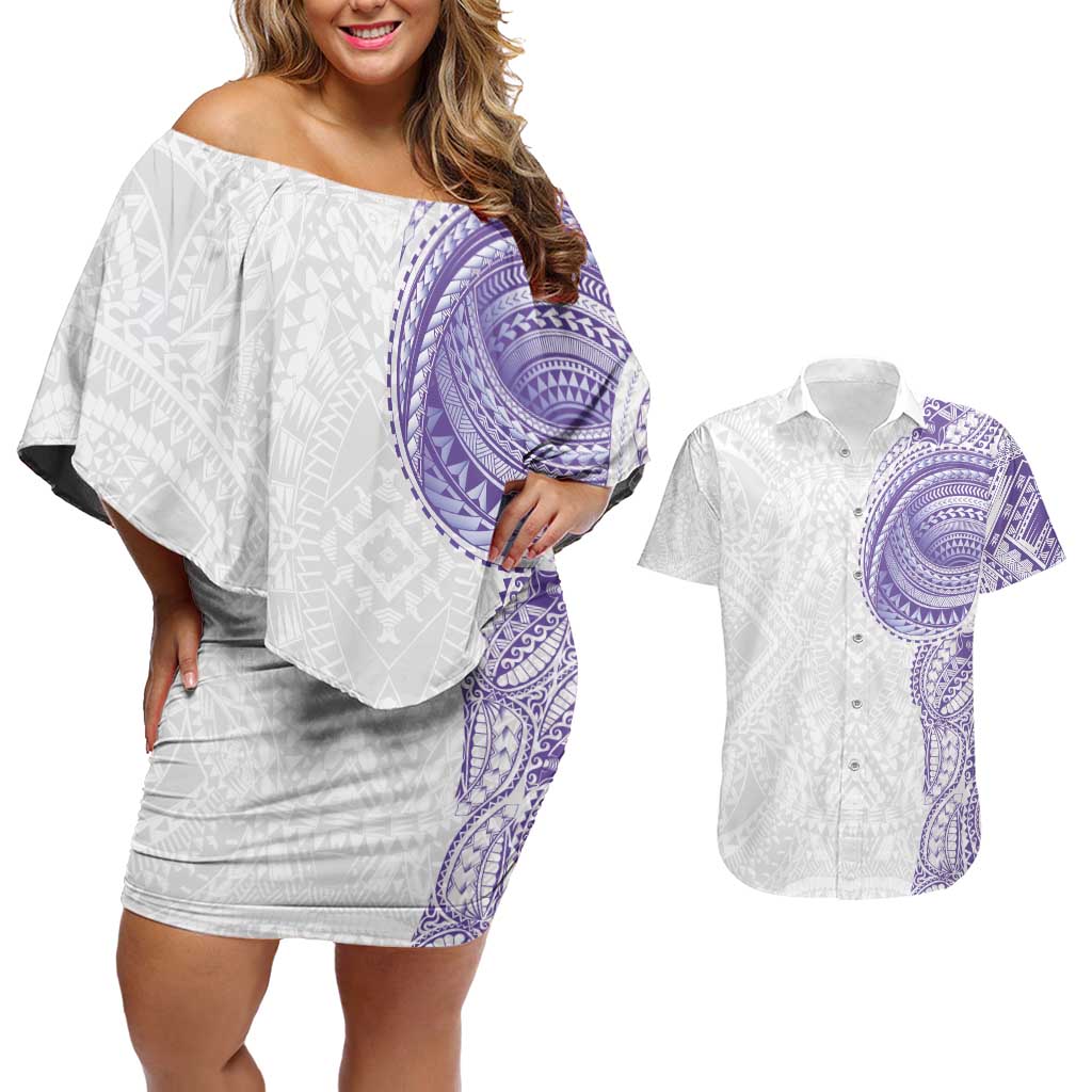 Traditional Polynesian Art Tattoos Couples Matching Off Shoulder Short Dress and Hawaiian Shirt Purple Color LT03 Purple - Polynesian Pride