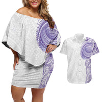 Traditional Polynesian Art Tattoos Couples Matching Off Shoulder Short Dress and Hawaiian Shirt Purple Color LT03 Purple - Polynesian Pride