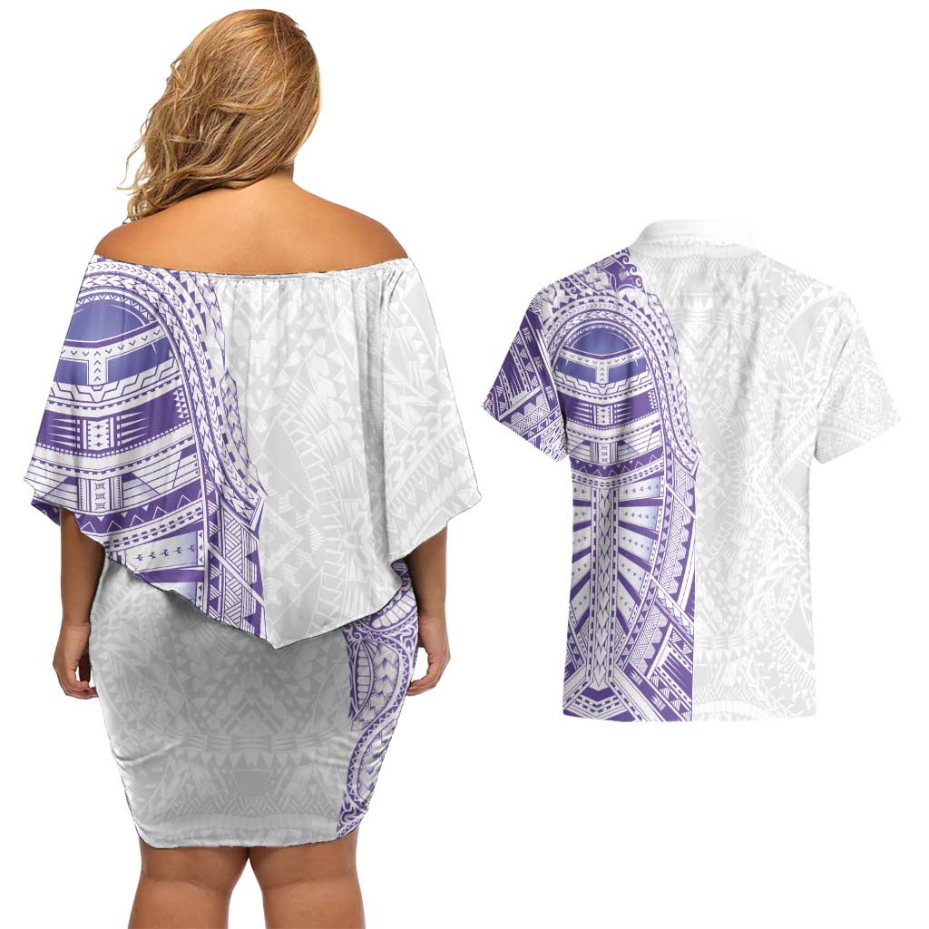 Traditional Polynesian Art Tattoos Couples Matching Off Shoulder Short Dress and Hawaiian Shirt Purple Color LT03 - Polynesian Pride