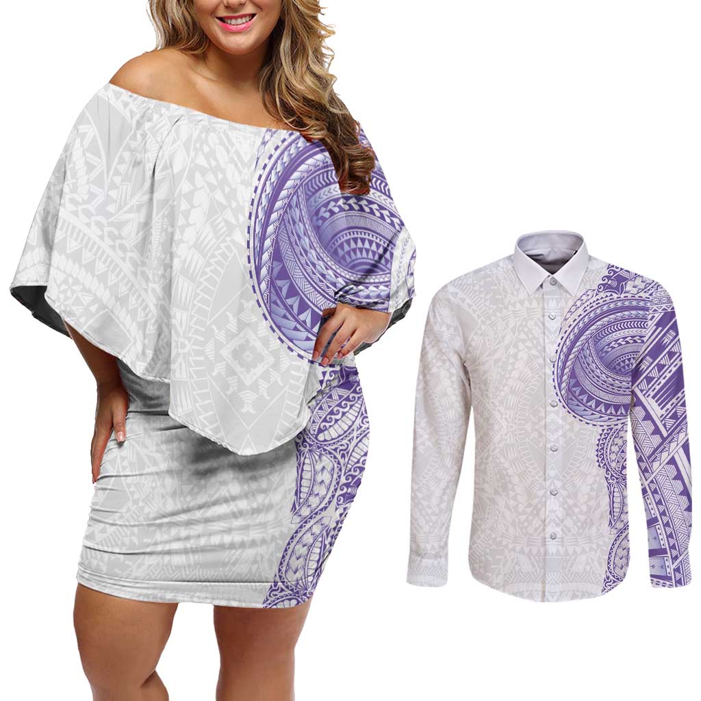 Traditional Polynesian Art Tattoos Couples Matching Off Shoulder Short Dress and Long Sleeve Button Shirt Purple Color LT03 Purple - Polynesian Pride