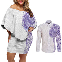 Traditional Polynesian Art Tattoos Couples Matching Off Shoulder Short Dress and Long Sleeve Button Shirt Purple Color LT03 Purple - Polynesian Pride