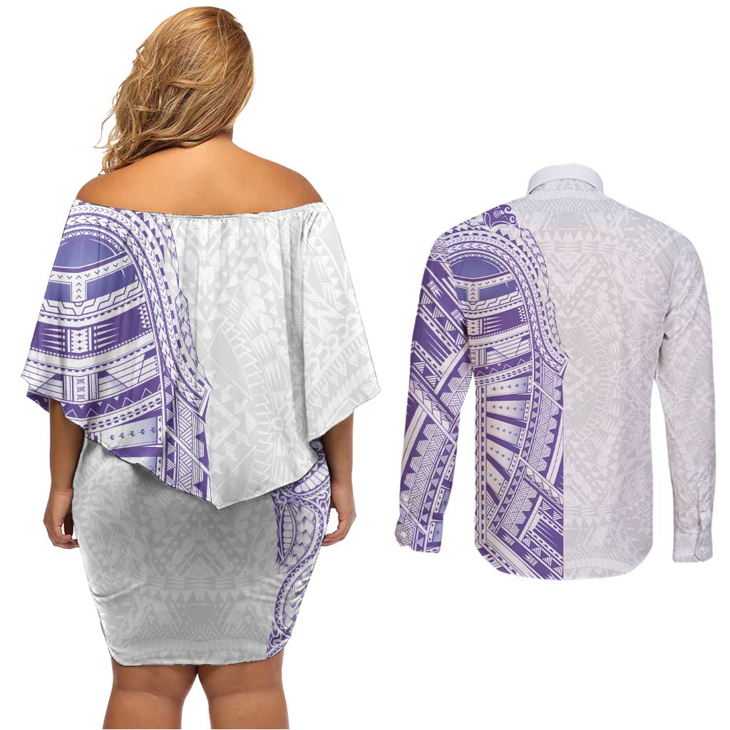 Traditional Polynesian Art Tattoos Couples Matching Off Shoulder Short Dress and Long Sleeve Button Shirt Purple Color LT03 - Polynesian Pride