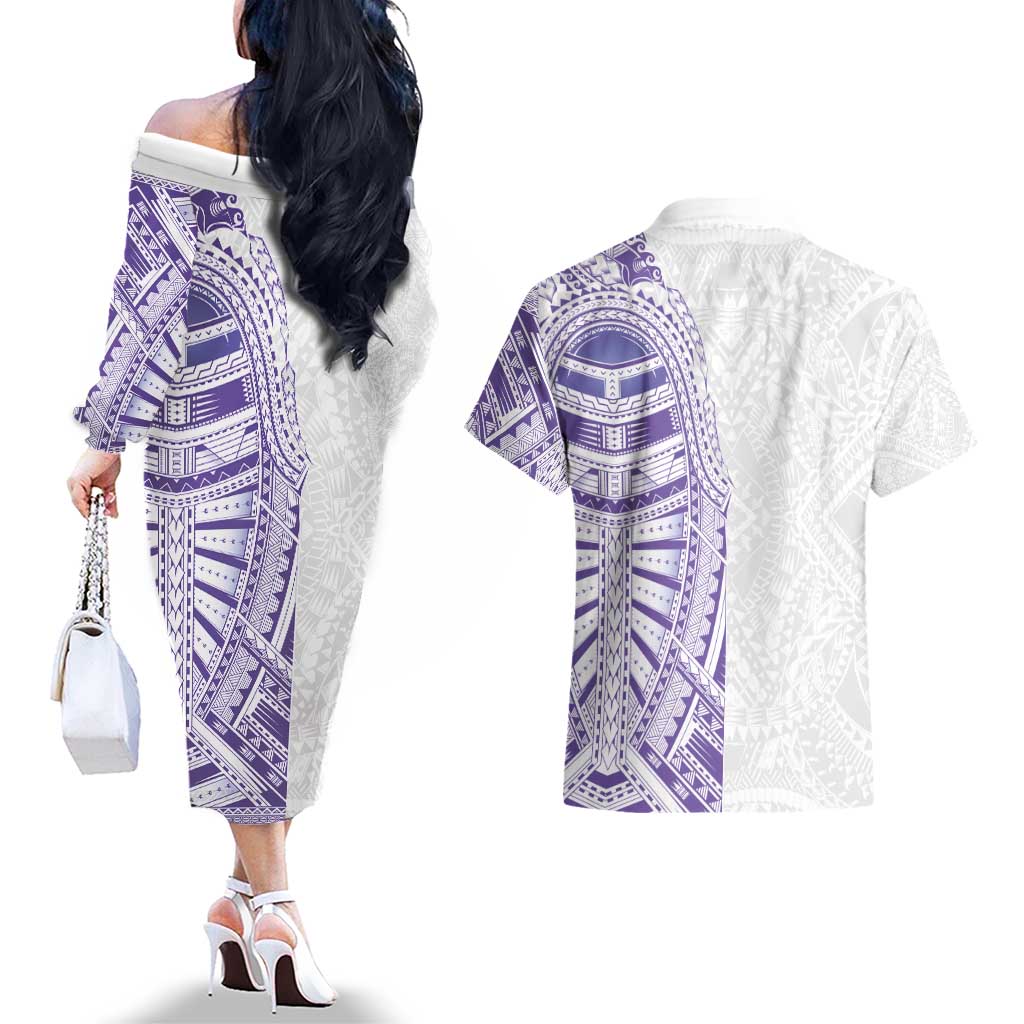 Traditional Polynesian Art Tattoos Couples Matching Off The Shoulder Long Sleeve Dress and Hawaiian Shirt Purple Color LT03 - Polynesian Pride