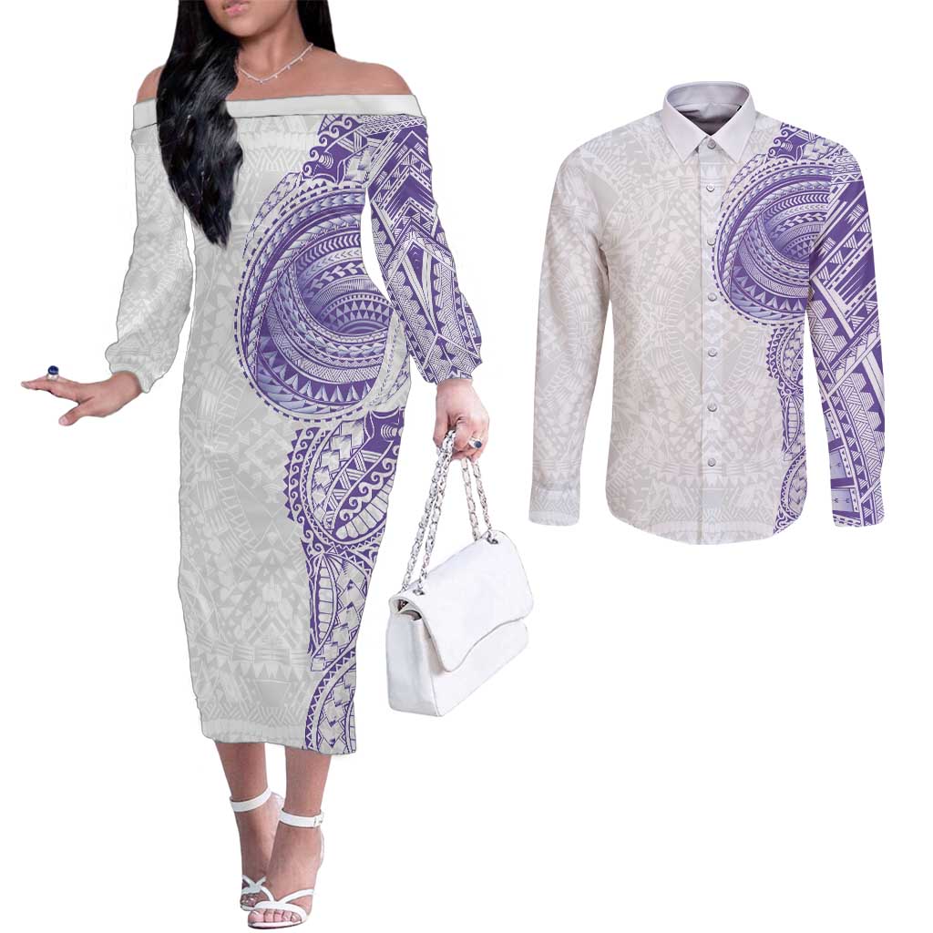 Traditional Polynesian Art Tattoos Couples Matching Off The Shoulder Long Sleeve Dress and Long Sleeve Button Shirt Purple Color LT03 Purple - Polynesian Pride