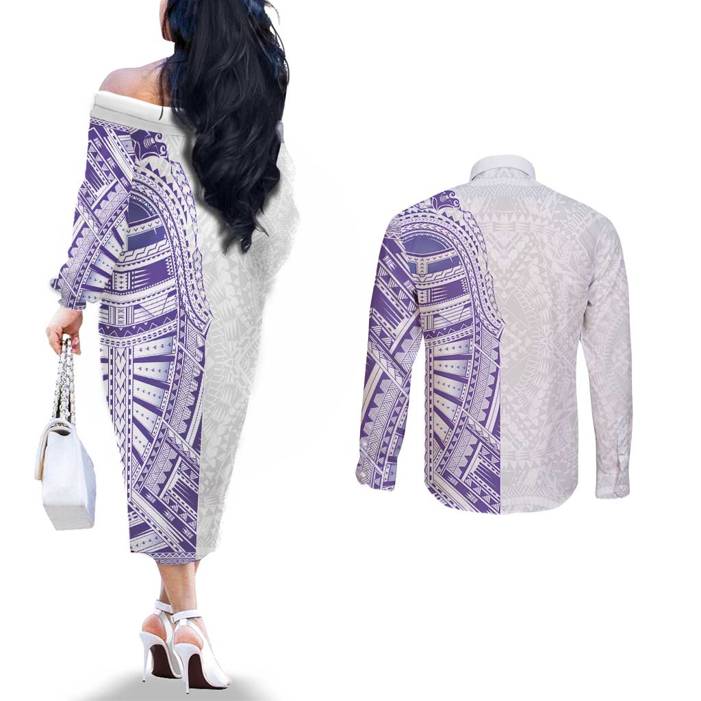Traditional Polynesian Art Tattoos Couples Matching Off The Shoulder Long Sleeve Dress and Long Sleeve Button Shirt Purple Color LT03 - Polynesian Pride