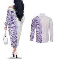 Traditional Polynesian Art Tattoos Couples Matching Off The Shoulder Long Sleeve Dress and Long Sleeve Button Shirt Purple Color LT03 - Polynesian Pride