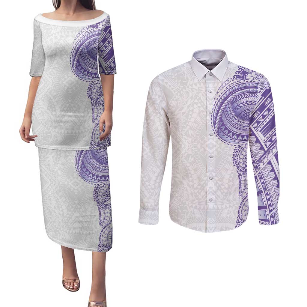 Traditional Polynesian Art Tattoos Couples Matching Puletasi and Long Sleeve Button Shirt Purple Color LT03 Purple - Polynesian Pride
