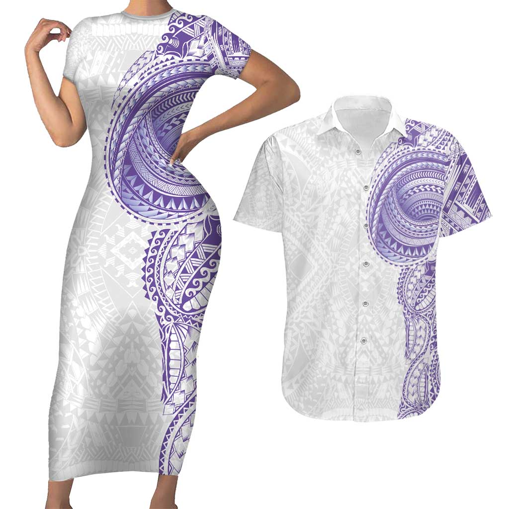Traditional Polynesian Art Tattoos Couples Matching Short Sleeve Bodycon Dress and Hawaiian Shirt Purple Color LT03 Purple - Polynesian Pride