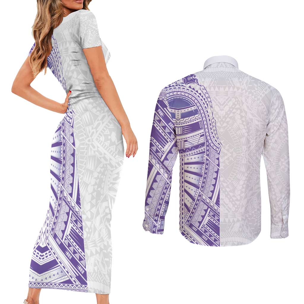 Traditional Polynesian Art Tattoos Couples Matching Short Sleeve Bodycon Dress and Long Sleeve Button Shirt Purple Color LT03 - Polynesian Pride