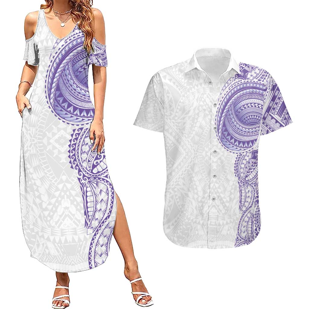 Traditional Polynesian Art Tattoos Couples Matching Summer Maxi Dress and Hawaiian Shirt Purple Color LT03 Purple - Polynesian Pride