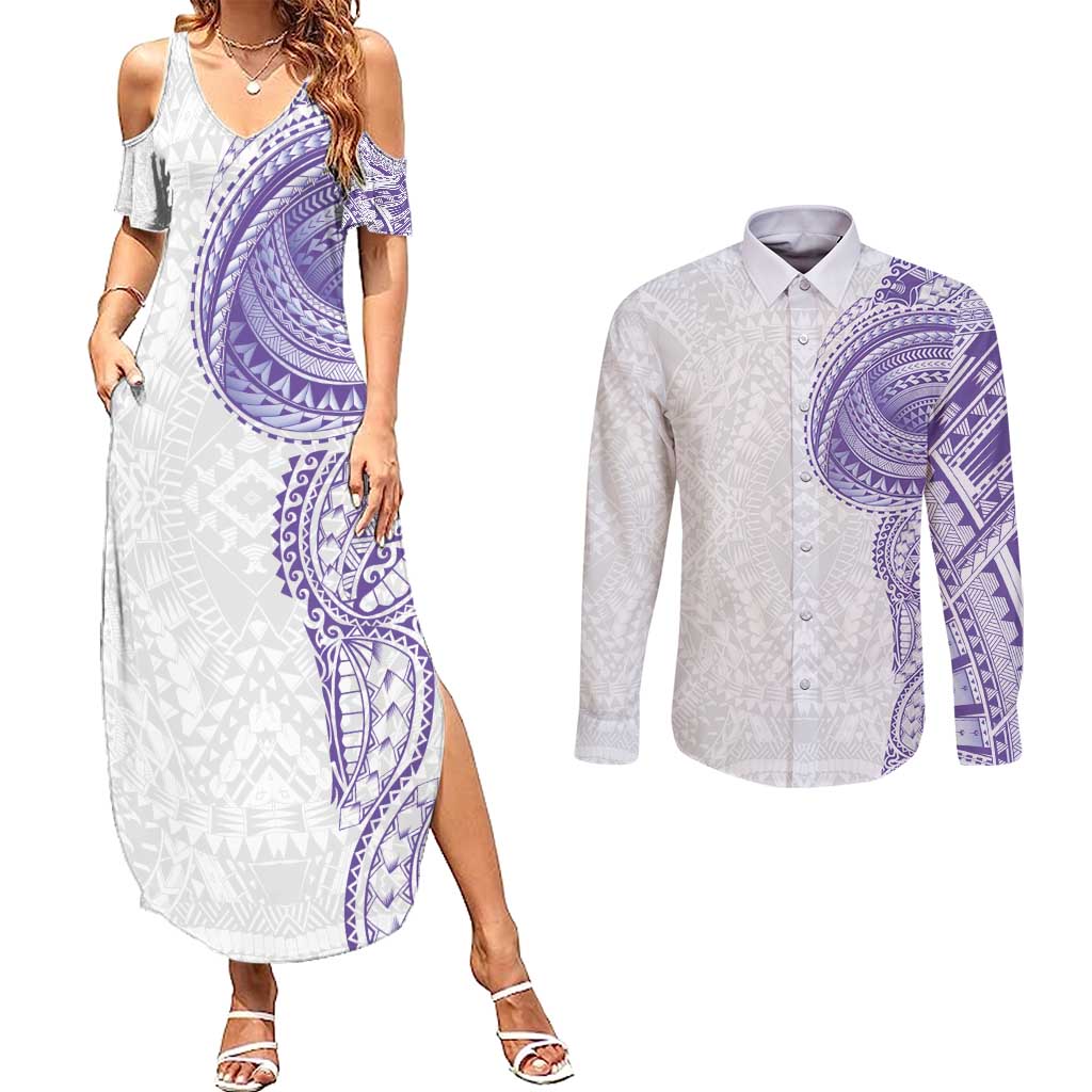 Traditional Polynesian Art Tattoos Couples Matching Summer Maxi Dress and Long Sleeve Button Shirt Purple Color LT03 Purple - Polynesian Pride