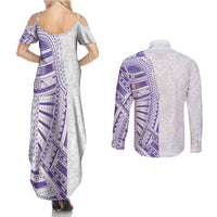 Traditional Polynesian Art Tattoos Couples Matching Summer Maxi Dress and Long Sleeve Button Shirt Purple Color LT03 - Polynesian Pride
