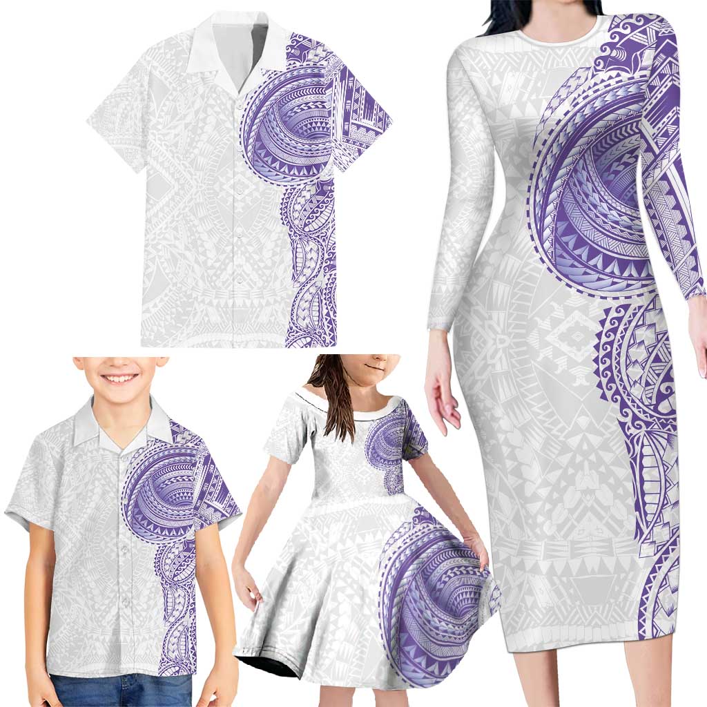Traditional Polynesian Art Tattoos Family Matching Long Sleeve Bodycon Dress and Hawaiian Shirt Purple Color LT03 - Polynesian Pride