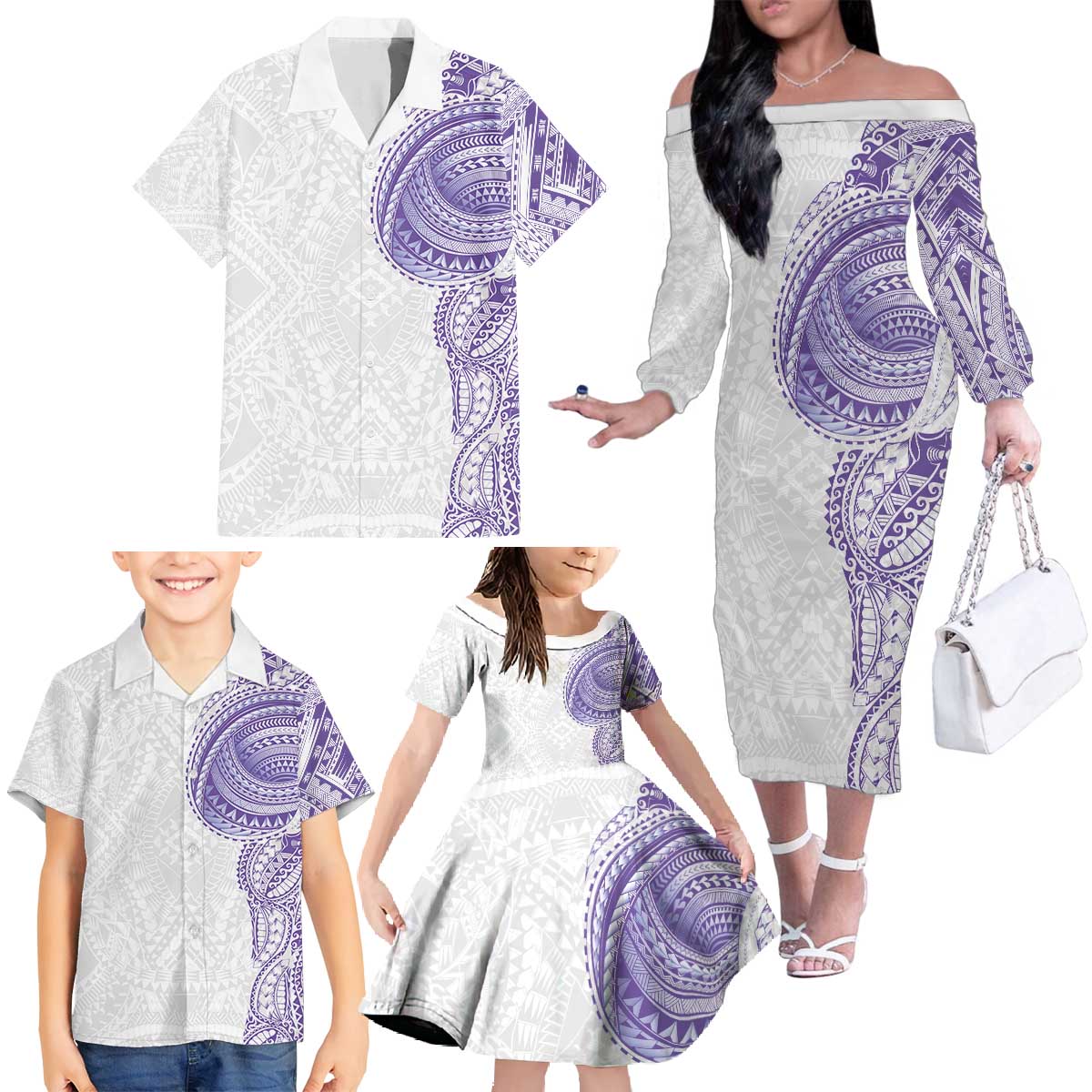 Traditional Polynesian Art Tattoos Family Matching Off The Shoulder Long Sleeve Dress and Hawaiian Shirt Purple Color LT03 - Polynesian Pride