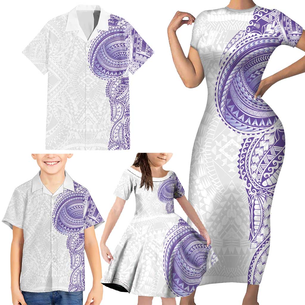 Traditional Polynesian Art Tattoos Family Matching Short Sleeve Bodycon Dress and Hawaiian Shirt Purple Color LT03 - Polynesian Pride