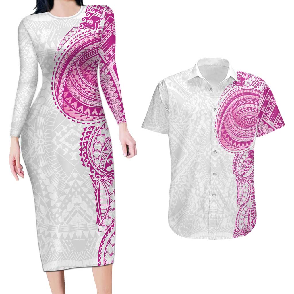 Traditional Polynesian Art Tattoos Couples Matching Long Sleeve Bodycon Dress and Hawaiian Shirt Pink Color LT03 Pink - Polynesian Pride