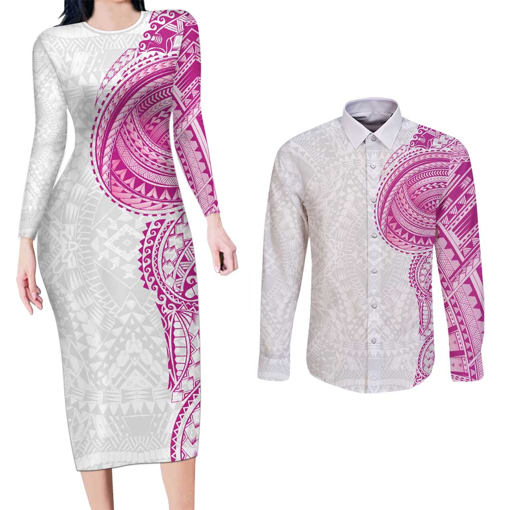 Traditional Polynesian Art Tattoos Couples Matching Long Sleeve Bodycon Dress and Long Sleeve Button Shirt Pink Color LT03 Pink - Polynesian Pride