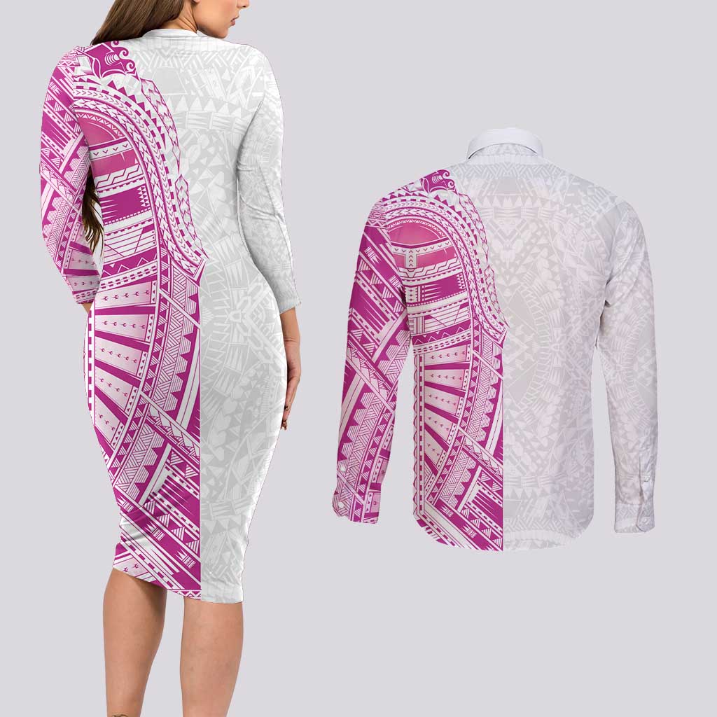 Traditional Polynesian Art Tattoos Couples Matching Long Sleeve Bodycon Dress and Long Sleeve Button Shirt Pink Color LT03 - Polynesian Pride