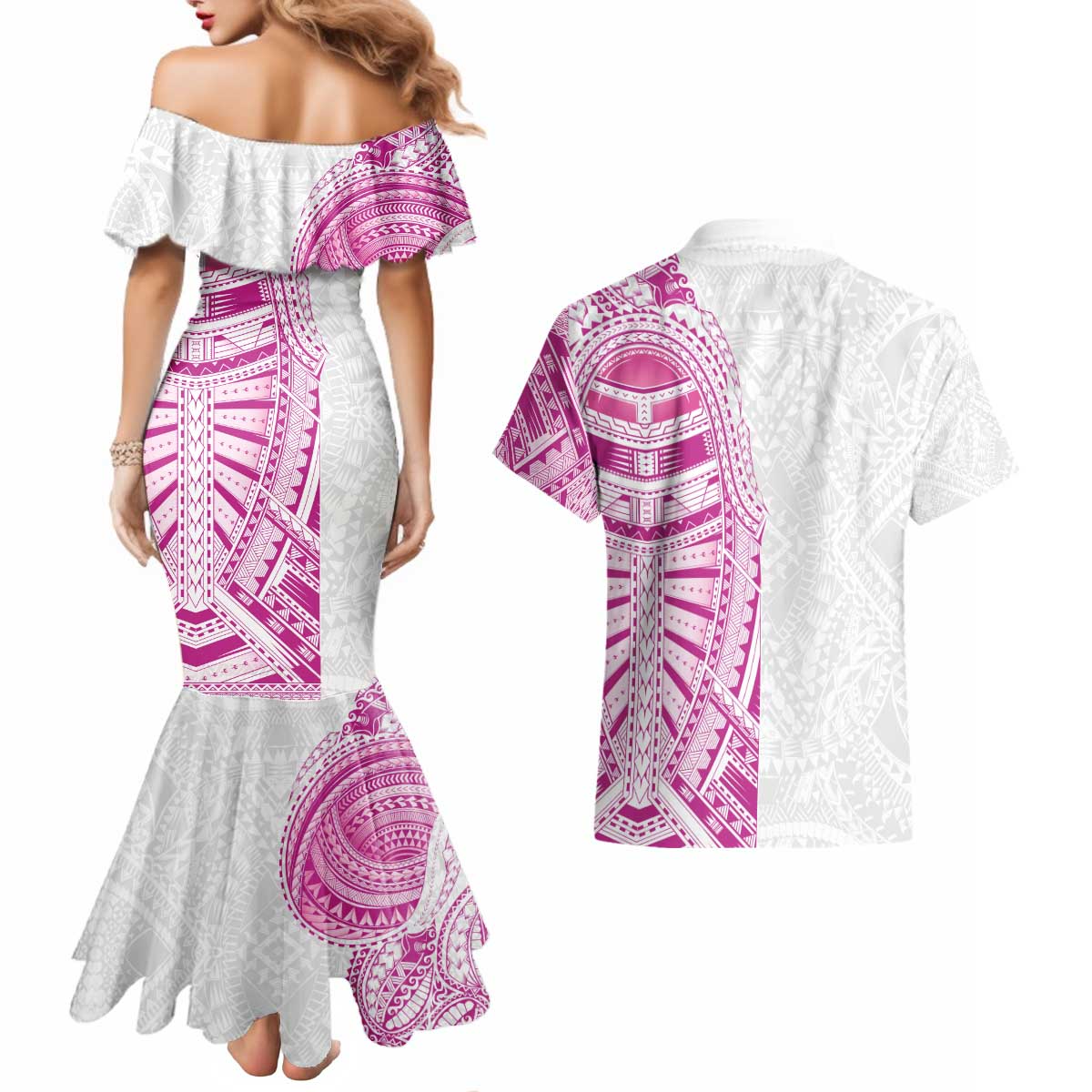 Traditional Polynesian Art Tattoos Couples Matching Mermaid Dress and Hawaiian Shirt Pink Color LT03 - Polynesian Pride