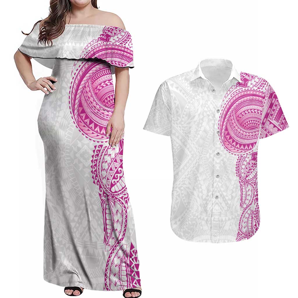 Traditional Polynesian Art Tattoos Couples Matching Off Shoulder Maxi Dress and Hawaiian Shirt Pink Color LT03 Pink - Polynesian Pride
