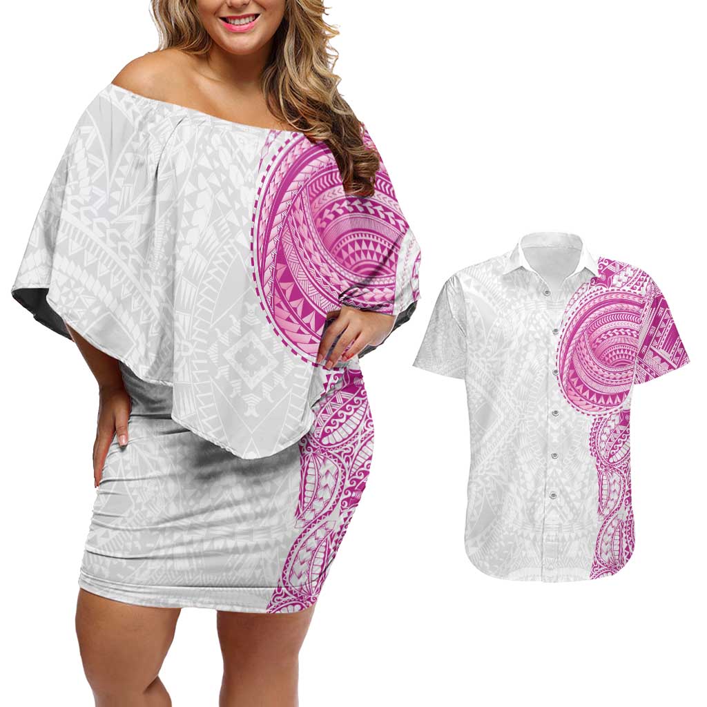 Traditional Polynesian Art Tattoos Couples Matching Off Shoulder Short Dress and Hawaiian Shirt Pink Color LT03 Pink - Polynesian Pride