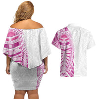 Traditional Polynesian Art Tattoos Couples Matching Off Shoulder Short Dress and Hawaiian Shirt Pink Color LT03 - Polynesian Pride
