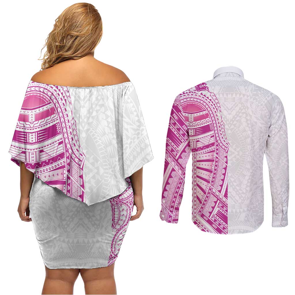 Traditional Polynesian Art Tattoos Couples Matching Off Shoulder Short Dress and Long Sleeve Button Shirt Pink Color LT03 - Polynesian Pride