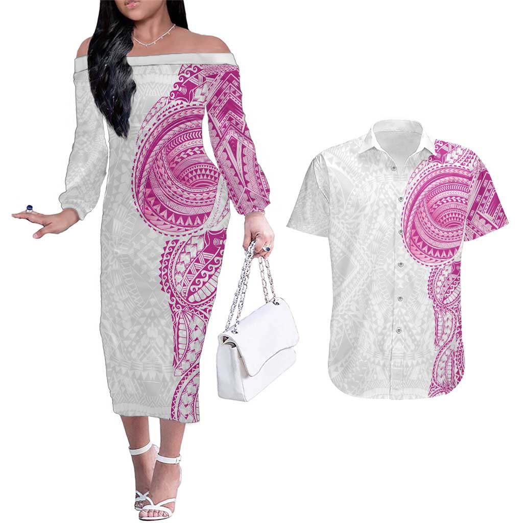 Traditional Polynesian Art Tattoos Couples Matching Off The Shoulder Long Sleeve Dress and Hawaiian Shirt Pink Color LT03 Pink - Polynesian Pride