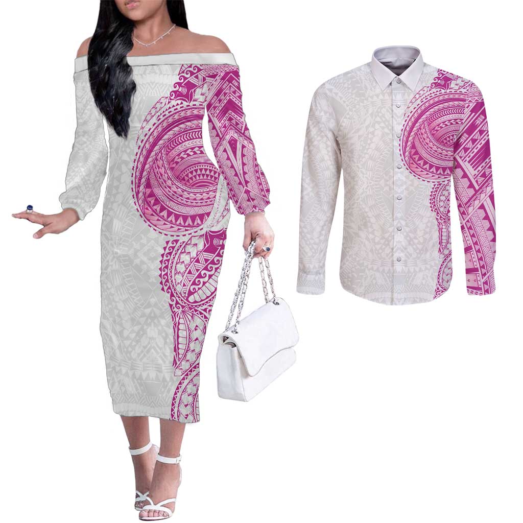Traditional Polynesian Art Tattoos Couples Matching Off The Shoulder Long Sleeve Dress and Long Sleeve Button Shirt Pink Color LT03 Pink - Polynesian Pride