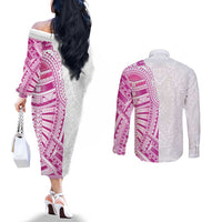 Traditional Polynesian Art Tattoos Couples Matching Off The Shoulder Long Sleeve Dress and Long Sleeve Button Shirt Pink Color LT03 - Polynesian Pride