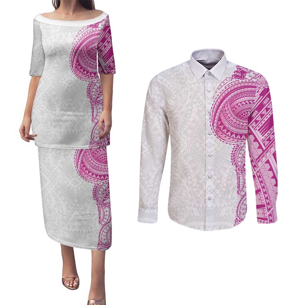 Traditional Polynesian Art Tattoos Couples Matching Puletasi and Long Sleeve Button Shirt Pink Color LT03 Pink - Polynesian Pride