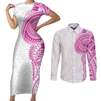 Traditional Polynesian Art Tattoos Couples Matching Short Sleeve Bodycon Dress and Long Sleeve Button Shirt Pink Color LT03 Pink - Polynesian Pride