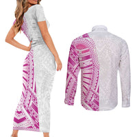 Traditional Polynesian Art Tattoos Couples Matching Short Sleeve Bodycon Dress and Long Sleeve Button Shirt Pink Color LT03 - Polynesian Pride
