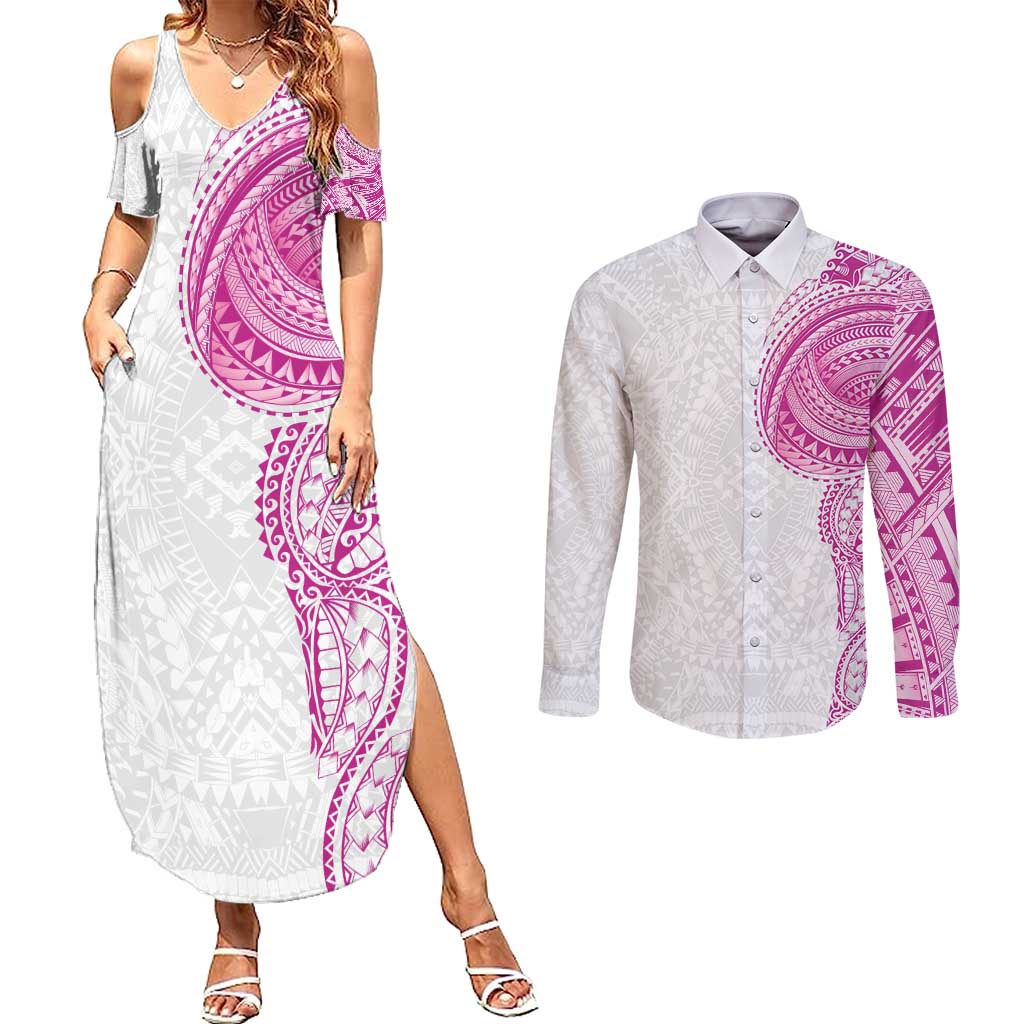 Traditional Polynesian Art Tattoos Couples Matching Summer Maxi Dress and Long Sleeve Button Shirt Pink Color LT03 Pink - Polynesian Pride
