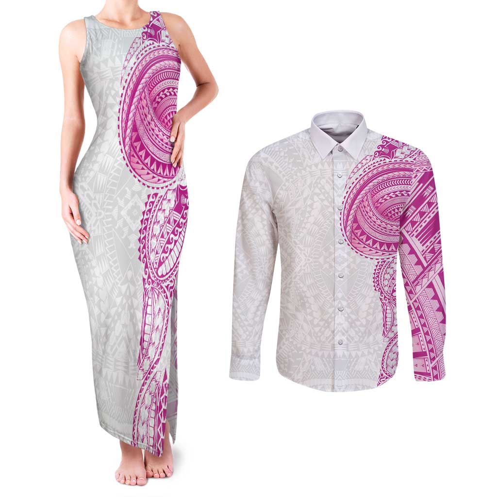 Traditional Polynesian Art Tattoos Couples Matching Tank Maxi Dress and Long Sleeve Button Shirt Pink Color LT03 Pink - Polynesian Pride