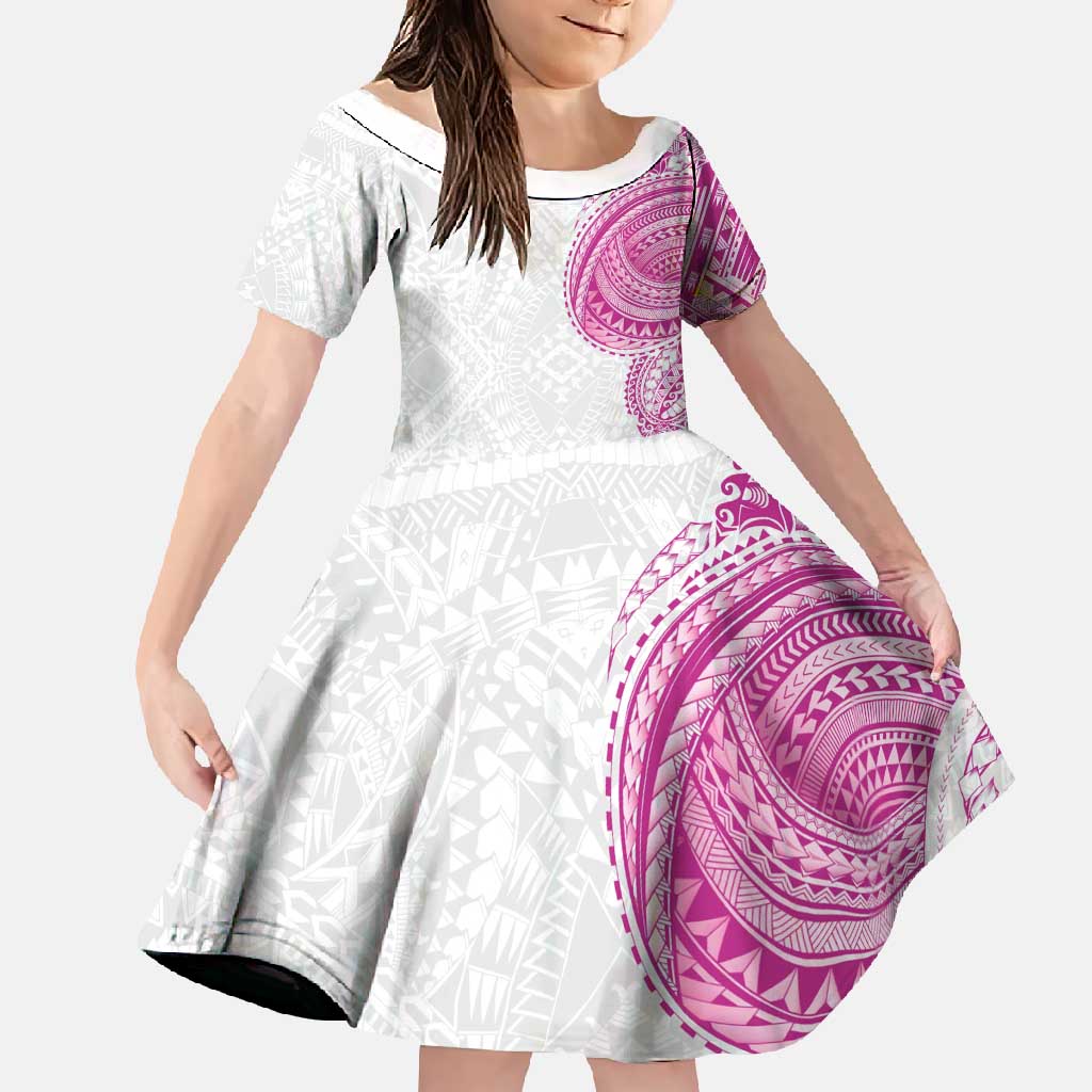 Traditional Polynesian Art Tattoos Family Matching Long Sleeve Bodycon Dress and Hawaiian Shirt Pink Color LT03 Daughter's Dress Pink - Polynesian Pride