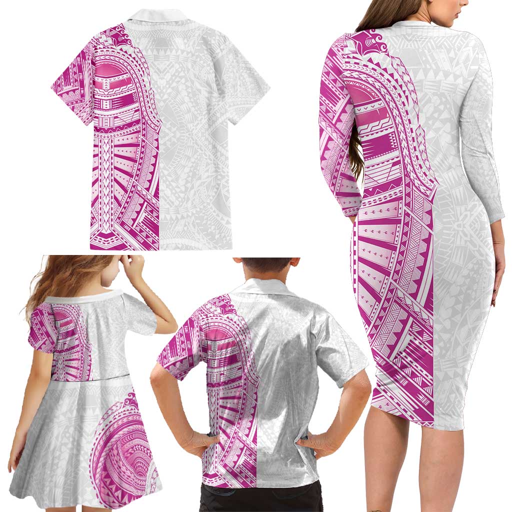 Traditional Polynesian Art Tattoos Family Matching Long Sleeve Bodycon Dress and Hawaiian Shirt Pink Color LT03 - Polynesian Pride